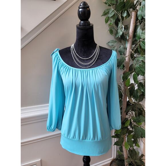 Cache Blouse Women's Size Large Blue Boat Neck Off-The-Shoulder Cold Shoulder - Picture 1 of 11